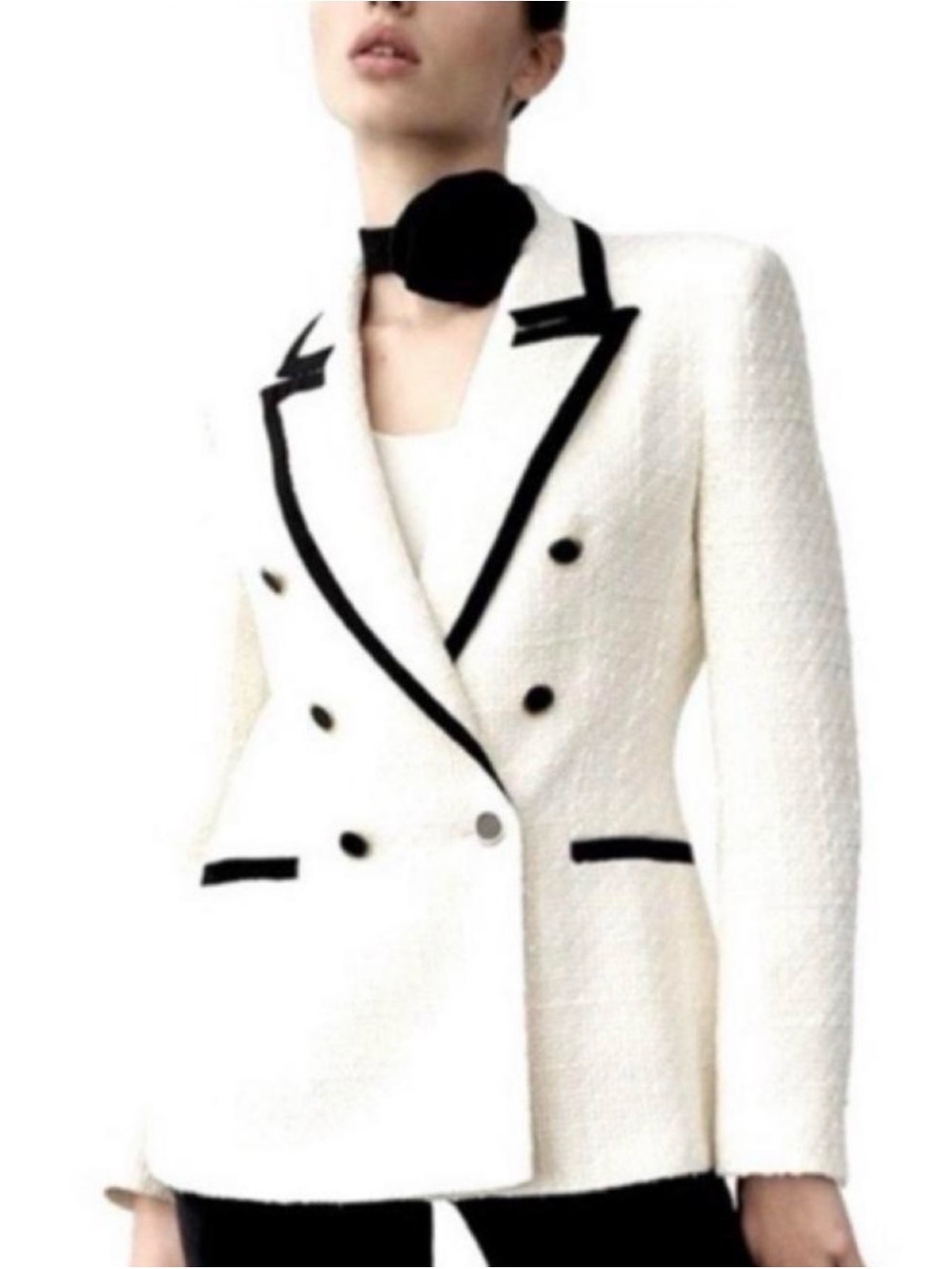 Zara White Tweed Double-Breasted Blazer with Black Trim